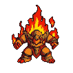A fire elemental with a molten body of oranges and yellows, topped by a flickering flame mane. Embers and wisps of fire emanate from its form.