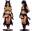 Stylized pixel art of a female figure in a bikini and thigh-high stockings, shown in two slightly different walking poses.