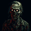 A decaying zombie with malevolent glowing eyes and tattered clothes shifts its head, its silent groan evoking a palpable sense of dread.