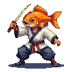 Goldfish-headed character in a white, dark blue, and red martial arts gi holds a katana in a ready stance against a black background.