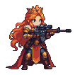 Regal warrior with golden crown and auburn hair, wearing ornate gold and crimson armor, aims a rifle with a flowing cape.