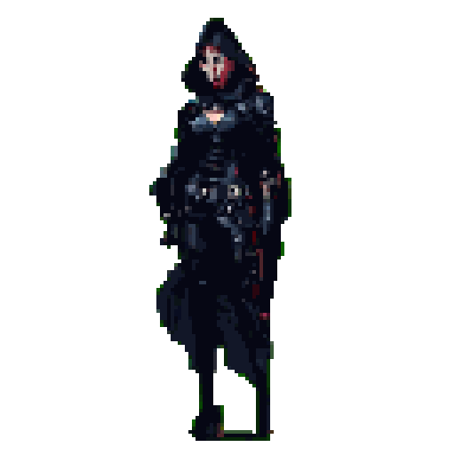 Female character in dark, elaborate futuristic or gothic armor with a hood obscuring her face, revealing a white mask with a red cross-like pattern. A knife is sheathed on her thigh. The background is solid green.