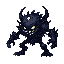 A large, shadowy, bipedal creature with upward-curving horns, glowing yellow eyes, and a jagged yellow and white grin against a black background.