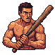 Muscular, shirtless man holding a baseball bat, tense expression, ready to attack.