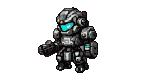 Formidable, heavily armored mech suit in a dynamic running animation, with a glowing cyan visor and left arm weapon.
