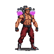 Muscular figure in red pants and harness, metallic helmet, goggles, and two glowing pink orbs on back, subtly shifting weight.