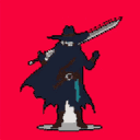 A mysterious, cloaked swordsman stands ready against a stark red background, their face hidden beneath a wide-brimmed hat as they grip a gleaming sword. The pixel art evokes a sense of ominous adventure, hinting at a weathered past and a readiness for action.