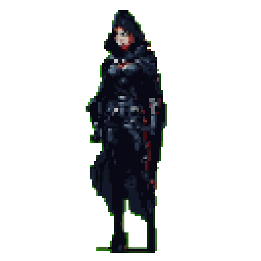 Female character in dark, elaborate high-tech or fantasy attire with visible red hair, standing centrally against a solid green background.