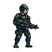 A determined soldier in tactical gear and helmet moves right, holding a rifle ready.
