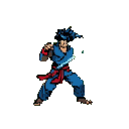 A pixel art warrior stands ready for battle, sword in hand, captured in a dynamic pose with a hint of a slash, embodying the spirit of classic fighting games. His dark spiky hair and red sash add to the character's energetic presence.
