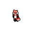 A stylized, upright fox-like creature with red-orange fur, white chest and tail tip, and black outlined features, stands centrally against a dark brown background.