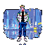 Stylized figure in colorful attire stands centrally against a vibrant, pixelated nocturnal cityscape with a bright green background.