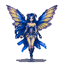 Ethereal fairy with long blue hair, intricate blue and purple attire, and large yellow and purple wings, holding a dagger hilt at her hip, against a muted olive-green background.