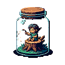 A child sits trapped in a jar on a tree stump, gazing at glowing particles emanating from a magic wand. This pixel art evokes a sense of quiet wonder and melancholic beauty within a miniature world.