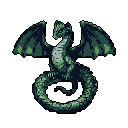 A majestic, desaturated green and blue-green pixel art dragon coils in a regal pose, its unfurled wings framing its watchful gaze. The limited palette and textured scales evoke an ancient, powerful creature with a touch of retro fantasy.