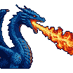 Deep blue dragon breathing orange and yellow flames, with glowing red eyes.