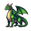 A majestic green dragon sits calmly in this nostalgic pixel art piece, its observant gaze hinting at hidden strength. The dragon's classic design and vibrant colors evoke a sense of fantasy and quiet power.
