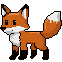 Stylized orange fox with a bushy white-tipped tail trotting left, with large dark eyes and small pointed ears.