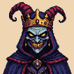 A crowned jester-like figure with pale blue skin, sharp teeth, and glowing yellow eyes, surrounded by black flames and framed by crimson horns.