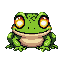A bright green frog with large golden eyes and a smile, gently bobbing up and down.