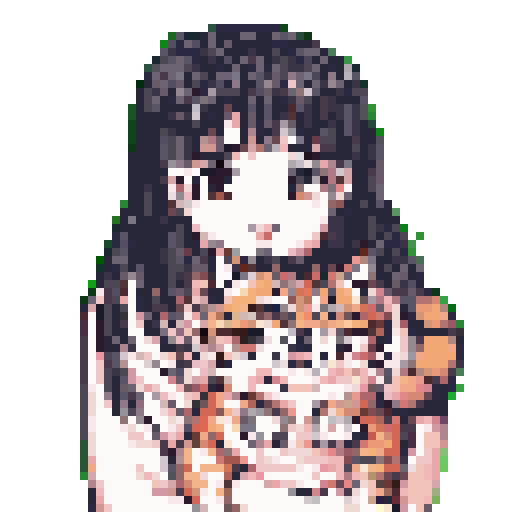 This pixel art image shows a young woman with dark hair tenderly holding a tiger cub. The simple, muted color palette and direct gaze create a cute and gentle feeling.
