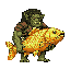 Pixel Art: troll is walking and caring huge golden fish (generated with AI by pixie.haus).