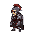 A pixelated skeletal warrior clad in detailed armor stands ready, a humorous yet ominous figure against a plain backdrop. This undead knight, complete with a red-crested helmet and a small cape, blends deathly imagery with a charming, retro style.