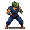 Muscular fighter with a green fish head, wearing a blue gi and red belt, throwing a rapid punch combo.