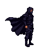 Cloaked figure in dark segmented armor running right, with glowing eyes visible under hood.