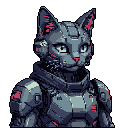 Bust shot of a futuristic, anthropomorphic cat character. The cat has a gray, armored body with vibrant pink-red accents on its ears and chest. Its luminous light green eyes are prominent against a neutral expression. The background is a solid desaturated blue-gray.