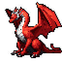 A red dragon with wings extended upwards and backward, seated on its haunches, head turned left with mouth slightly open.