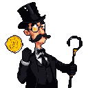 A pixel art wealthy gentleman in a black suit, white shirt, and top hat, facing right. He wears round yellow spectacles and a bushy mustache, holding a question mark-shaped cane in his left hand and a gloved fist near his chest. A glowing golden coin floats to his left.