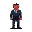 A stylized male figure with reddish-orange skin stands formally dressed in a dark blue suit with a white handkerchief. He has narrow red eyes and dark hair. The background is dark blue-grey.