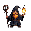 Pixel Art: dwarf geomancer is playing with fire magic (generated with AI by pixie.haus).