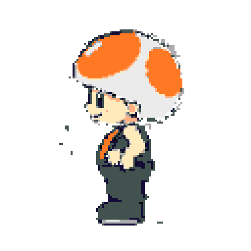 Toad from Super Mario, facing left, standing with arms bent and a slight smile, on a solid dark grey background.