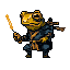 A pixelated frog warrior, possibly a samurai or ninja, crouches with a determined gaze, clutching a glowing yellow stick. Adorned in dark blue attire and bearing battle scars, the character exudes readiness and mysterious power.