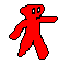 Red stick figure with white eyes in a dynamic pose against a black background.