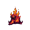 A menacing fire slime monster with swirling red and orange molten body, crowned with flickering flames, and a grin revealing sharp pixelated teeth.