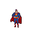 This pixel art image presents a retro-style Superman in his classic pose, rendered with a charmingly simple, low-resolution aesthetic. The iconic hero, defined by vibrant primary colors, stands ready against a dark purple backdrop.