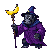 Dark sorcerer with skull face, wearing purple robes and pointed hat, holding a glowing yellow crescent staff.