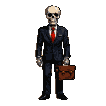 Pixel Art: skeleton in suit is holding suitcase. Skeleton is starting t...