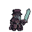 A plague doctor in dark, tattered robes lunges forward with a glowing sword raised.