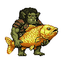 Pixel Art: character is running while holding fish (generated with AI by pixie.haus).