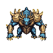 A scaly blue bipedal monster with golden spiky armor, sharp teeth, and horns, poised with glowing yellow claws extended.