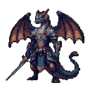Pixel Art: make a humanoid dragon worrier attack (generated with AI by Farkryn Chimera).