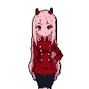 This pixel art features a cute, pale-skinned anime girl with pink hair and dark red horns, hinting at a mischievous nature. She wears a dark red jacket and skirt, posing confidently against a deep blue background.