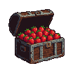 Wooden chest overflowing with pixel art strawberries, lid slowly closing.