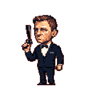 James Bond in a black tuxedo and white shirt, holding a black pistol in his raised right hand, facing left against a muted brown background.