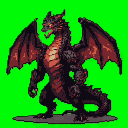 A bipedal dragon with dark brown scales, fiery orange and red accents on its chest and wings, and glowing red eyes. Its mouth is open, and its large, bat-like wings are spread wide. The dragon faces left, looking forward, with its legs planted firmly. It is positioned centrally against a solid lime-green background with a thin, dark grey ground line.