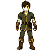 Young man in a dark green tunic and brown accents, standing patiently with neutral expression.